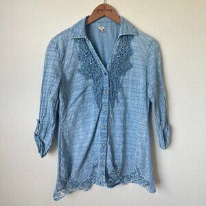 Reba Top Womens Small Blue Embroidered Lace Trim Studded Button Up Blouse S